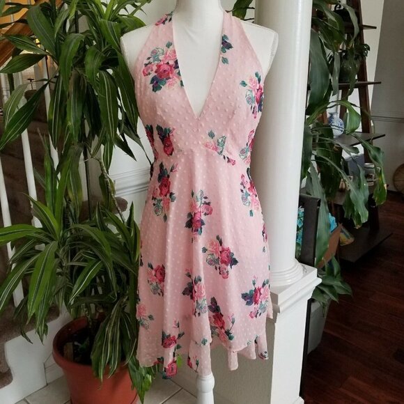 19 COOPER Small Pink Floral Mini Dress V Neck Sleeveless Fit & Flare Halter NWT - Picture 2 of 7